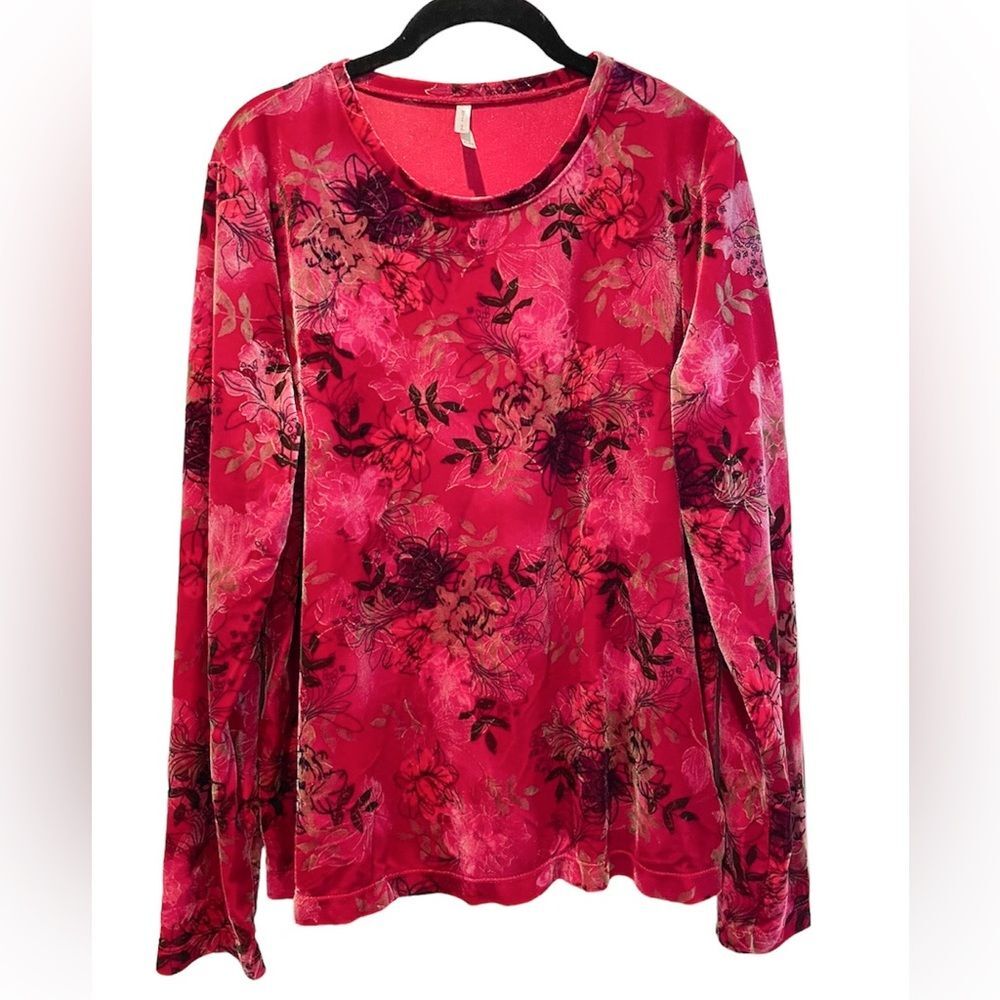 White‎ Stag Floral Print Long Sleeve Velvety Pullover Blouse Red Size Xl